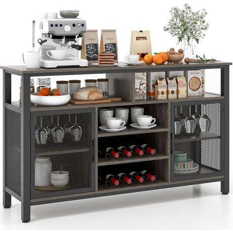 COSTWAY Mobiletto Portabottiglie, Credenza Cucina con Porta Bottiglie di Vino, Mensola Aperta, per Soggiorno, Cucina, Bar, 140 x 40 x 82,5 cm (Grigio) (1/5)