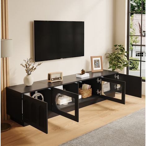 Meuble TV bas 200 cm, 4 portes, LED via app et portes en verre, noir, OKWISH (1/5)