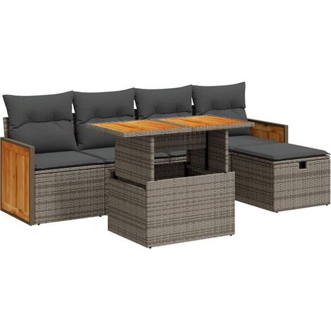 Ensemble de Meubles de Jardin en Rotin 6 Pièces avec Coussins Gris (1/5)