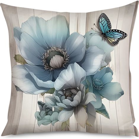 Housse de Coussin décoratif fond bois blanchi et fleurs bleues (1/5)