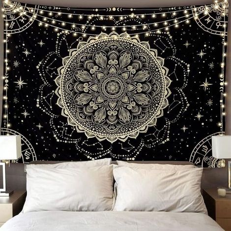 Tapisserie murale mandala en or noir, astrologie, décoration murale hippie esthétique, art mural bohème, décoration d'intérieur pour chambre, salon, dortoir