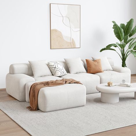 Divano angolare 5-6 posti con chaise longue componibile in velluto a coste beige SHEFFIELD (1/4)