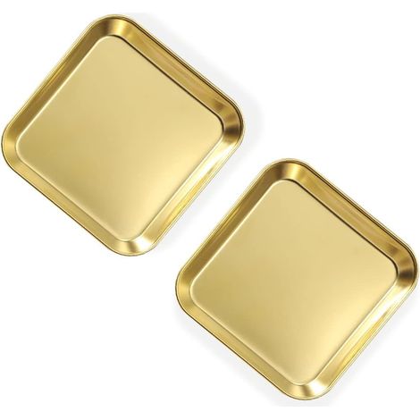 Lot de 2 Assiettes en Acier Inoxydable Carrées Dorées 14,4cm pour Apéritif et Dessert