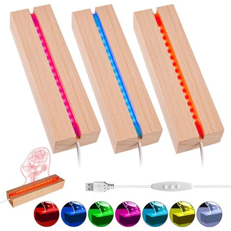 Socle Lumineux Led Bois, 3 Pièces Base Led Lumineuse Support LED avec Interrupteur Usb pour Affichage De Bureau Boule De Cristal Plaque Acrylique, 15 cm de Long, 7 Couleurs Réglables (1/5)