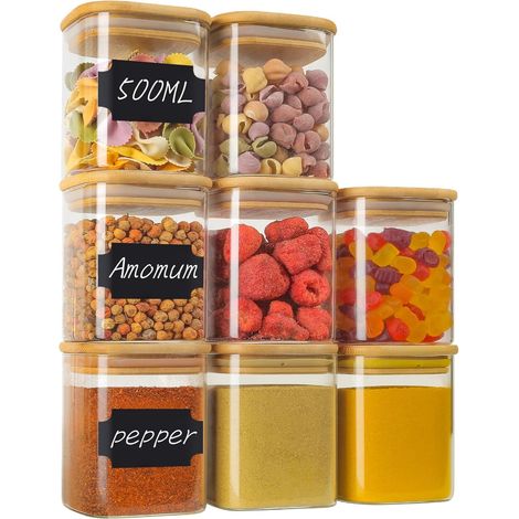 500ml Bocaux en Verre Lot de 8, Bocaux Epices, Bocal Verre avec Couvercle en Bambou, Empilable Pot a Épices Verre, Boite Rangement Cuisine pour Epices Herbes Bonbons (1/5)