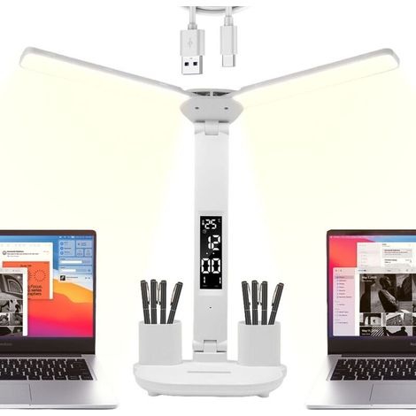 Lampe de Bureau Sans Fil à LED pour Enfant avec Heure Calendrier Température 2 Porte Stylo, Double Tête Desk Lamp Dimmable 3 Modes de Couleur, Contrôle Tactile Protection des Yeux, Bl (1/4)