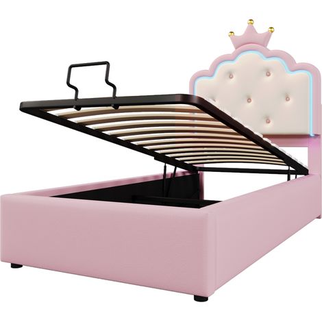 Polsterbett für Kinder 90x200 cm mit Lattenrost, LED-Fernbedienung und Stauraum, rosa (1/5)