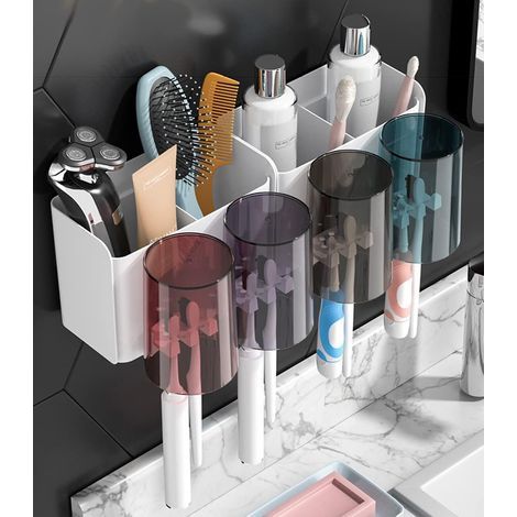 Portaspazzolino da denti, portaspazzolino senza foratura, adesivo per portaspazzolino, mensola multifunzionale per il bagno con 4 bicchieri e 8 slot per testine di spazzolini (1/5)