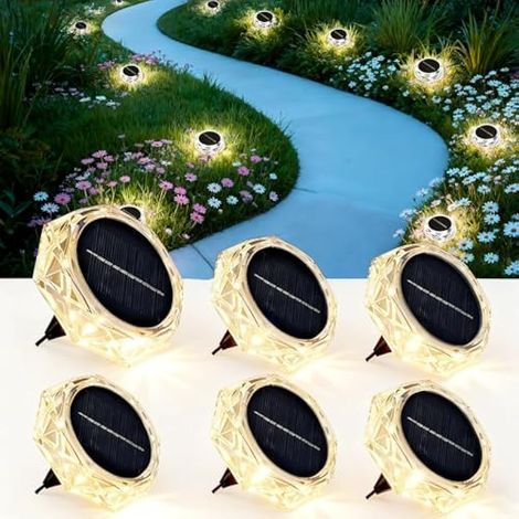 Lot de 6 Lampe Solaire Exterieur Au Sol, 8 LED Jardin Lumiere Solaire Extérieur, Lumière Solaire IP65 Étanche Longue Durée de Vie, Spot Solaire pour Chemins Pelouse Allée Terrasse, Blanc Chaud (1/5)