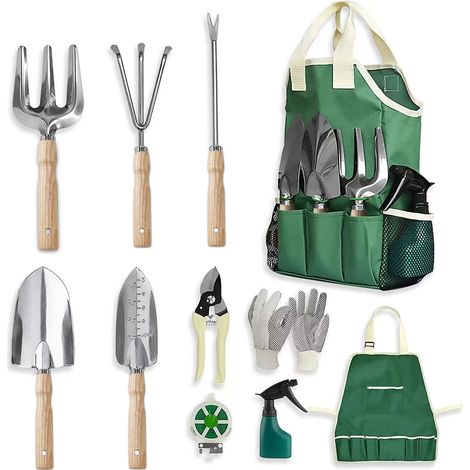 Ensemble d'outils de jardin de 11 pièces - comprenant un sac en tissu, un tablier et des accessoires (1/3)