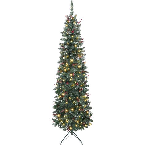 Sapin de Noël étroit avec lumières LED pliable vertes pour salon LED, modes d'éclairage, branches argentées pailletées, pommes pin, baies (1/5)