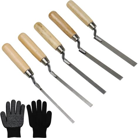Lot de 5 truelles à Joints en Acier Inoxydable,Largeur 6 8 10 12 14 mm  avec manche en bois,Avec gants,Truelle à Joints pour jointoiement Briques et Briques de,Ensemble de truelles (1/5)