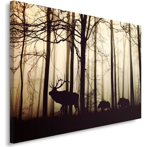 Quadro su tela, Cervi nella foresta Nebbia Marrone - 100x70 (1/5)