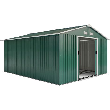Cobertizo de Jardín 12,4 m² 340x386x200 cm con 2 Puertas Corredizas Base Refuerzo (Suelo NO Incluido) Verde (1/5)