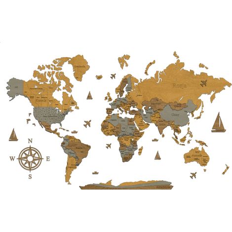 Carte du monde en bois 3D, motif XV frontières des pays, 90 x 56 cm (1/5)