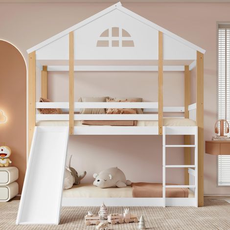 , Lit superposé avec fenêtres originales et échelle inclinée à trois marches,  lit enfant avec toboggan,  lit cabane avec barrières et dispositif antichute,  cadre de lit en bois massif...