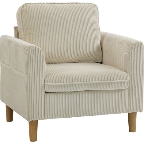 Fauteuil en velours côtelé 1 place, large assise rembourrée avec coussin à ressorts, dimensions 83x74x87cm, couleur beige