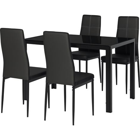 5 pièces table 4 chaises cuisine salle à manger simili cuir métal verre trempé noir