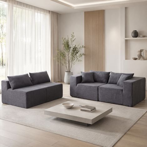 Canapé d’angle modulable en velours côtelé gris, 4 pièces, 335 x 167 x 71 cm (1/5)
