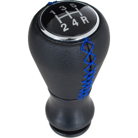 Pomello del cambio Peugeot 206 / 206+ in pelle nera con cuciture blu, 5 marce. (1/5)