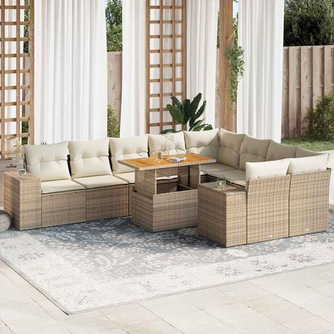 Salon de jardin avec coussins 10pcs beige résine tressée acacia (1/5)
