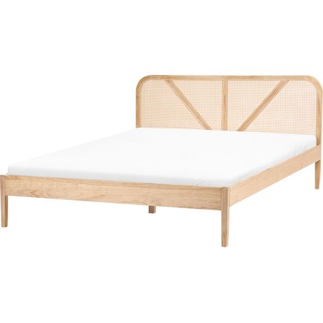 Cama de madera estilo retro cabecero ratán 160 x 200 cm somier de listones marrón claro Belleme (1/5)
