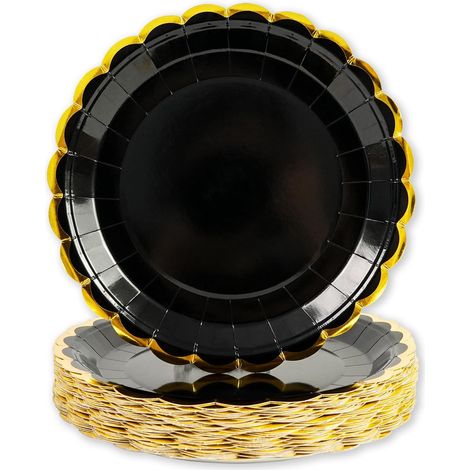 50 Assiette Jetable, Carton Festonné 23cm, Noir Or, Dessert Apéritif, Anniversaire Mariage (1/5)