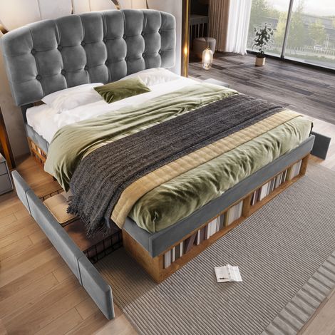 lit adulte rangement 140x190 velours gris tete reglable OKMYHOME (1/5)