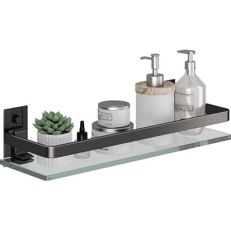 Étagères de Salle de Bain murales en Verre trempé Noir avec Rail en Aluminium, étagères de Rangement de Salle de Bain, Noir (1/5)