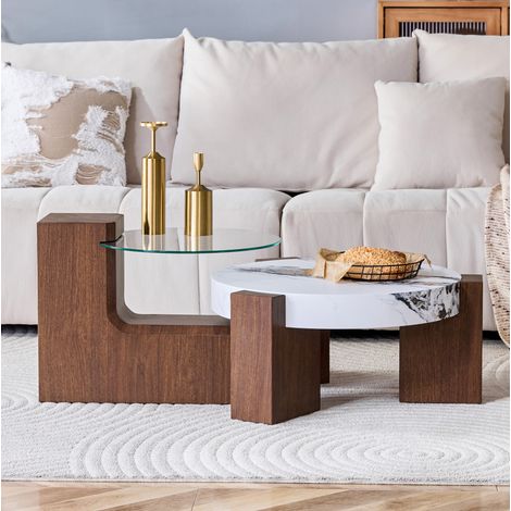 Runder Couchtisch-Set Ø61/44 cm Walnuss/Weiß, 2 trennbare Tische aus MDF und Glas MEUBLIV (1/5)