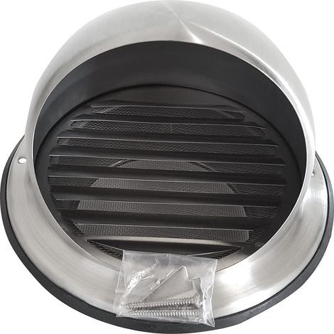 Prise d’air sphérique inox V2A 100mm, protection anti-insectes et intempéries, finition argentée