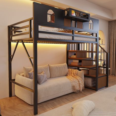 Lit mezzanine métal noir 90x200 cm avec escalier de rangement, étagères et éclairage LED, lit surélevé gain de place pour ado (1/5)
