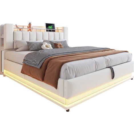 Lit capitonné 180 x 200 cm avec LED, USB et coffre hydraulique, velours beige, cadre métal, idéal gain de place pour chambre moderne et élégante – CHICFURN (1/5)