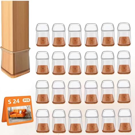 Lot de 24 embouts de pieds de chaise en silicone transparent avec feutre - Capuchons de protection pour pieds de chaise - Petits patins en feutre pour sols en bois, stratifiés et sols carrelés (carrés (1/5)