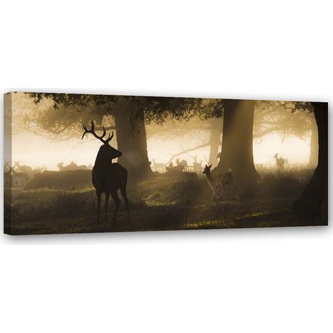 Quadro su tela, Cervo nella foresta nebbia marrone - 120x40 (1/5)