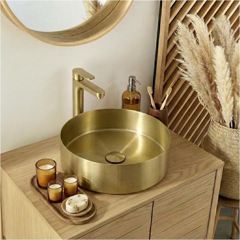Lavabo sobre encimera redondo de acero inoxidable negro, 36 cm, con desagüe a juego