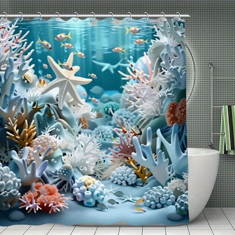 Rideau de douche Océan Bleu avec coquillages et oursins, polyester de haute qualité, 12 crochets, 80 cm x 180 cm (1/5)