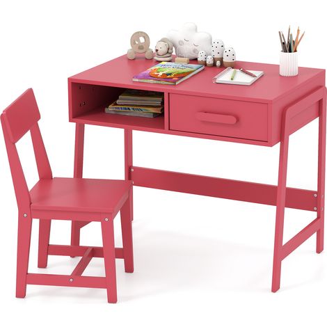 Costway – Bureau enfant avec chaise ergonomique – Ensemble table d'étude en bois massif avec tiroir et étagère – Dimensions 85 x 48 x 70 cm – Couleur rose (1/5)
