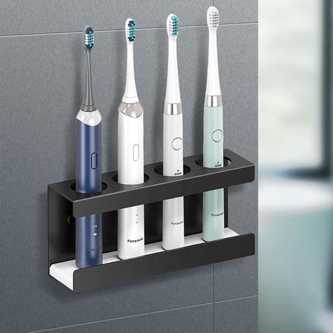 Soporte negro para cepillo de dientes eléctrico con 4 orificios de Ø35 mm, base de diatomita, aleación de aluminio, no requiere perforación. (1/5)
