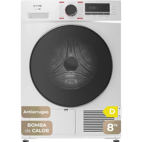 EVVO Secadora 8 kg bomba de calor S8, Clase energética D, Airfresh, Sensor de humedad, Antiarrugas, Inicio diferido, blanco