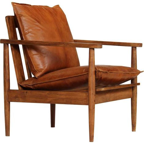 Maison Exclusive - Fauteuil Marron Cuir véritable avec bois d'acacia (1/5)