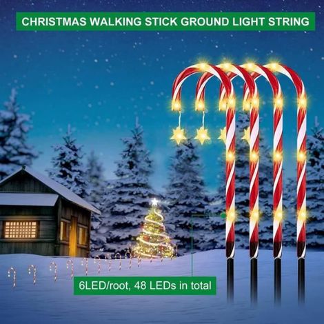 Lot De 8 Guirlandes Lumineuses Solaires En Forme De Canne À Sucre D'Orge 48 Cm 3 M Et 8 Modes Led Décoration De Noël[H2733] (1/4)