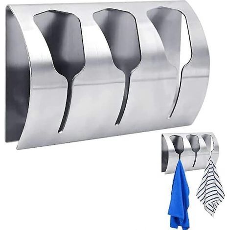 Porte-serviettes triple adhésif, 3 crochets, fixation murale en acier inoxydable, sans perçage, pour cuisine, salle de bain, toilettes. (1/5)