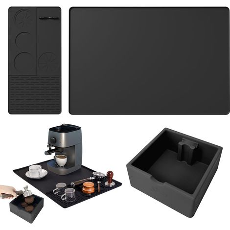 Ensemble Tapis à Café Silicone 2 en 1 60×40cm avec bac à marc silencieux, tapis rangement compartimenté antidérapant étanche lavable lave-vaisselle pour machine espresso accessoires barista cuisine (1/5)