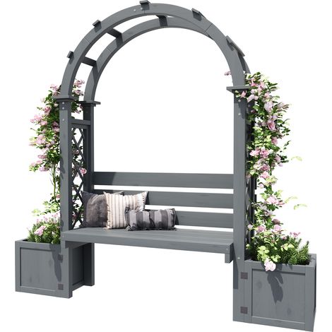 Jardiniere mit Rankgitter und Bank mit Zwei Pflanzkästen und Bogen für Kletterpflanzen aus Massivholz Grau 160 x 30,5 x 160 cm (1/5)