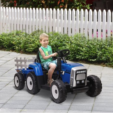 Tractor eléctrico infantil con remolque, mando a distancia, faros, 3-6 km/h, azul, 3-6 años (1/5)