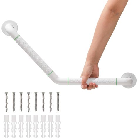 Barre d'appui de baignoire à 135° avec poignée antidérapante et cercles lumineux de sécurité, poignée de bain en acier inoxydable, poignée murale de douche, porte-serviette (1/5)