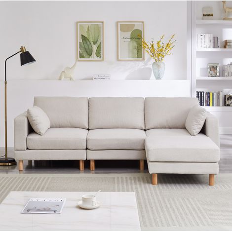 Canapé d’angle 3 posti in poliestere beige con pouf, chaise longue montabile a destra o sinistra (1/5)