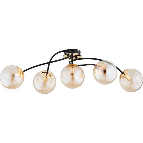 Alfa Gilian Modern Ceiling Light 5xE14 Black Metal Fixture with 5 Gold Globe Shades, 90cm Wide Contemporary Flush Mount Lamp for Living Room, Dimmable Ready