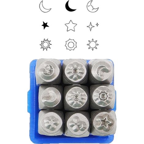 Juego de 9 herramientas de estampación de metal, de 3 mm de espesor, fabricadas en acero, con diseño de sol y estrella para la fabricación de joyas.